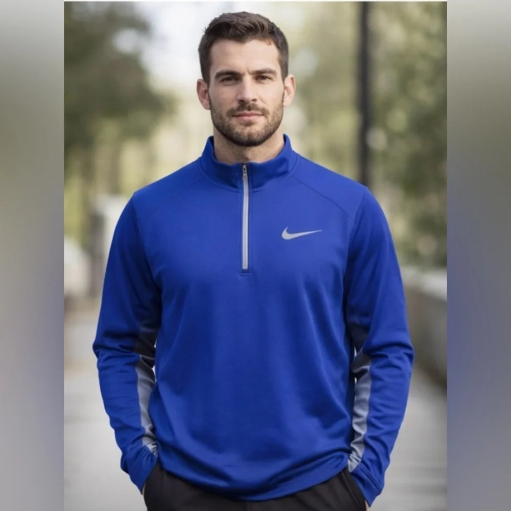 Nike Therma Fit Blue and Gray Mock Neck Colorblock Swoosh 1/4 Zip Fleece